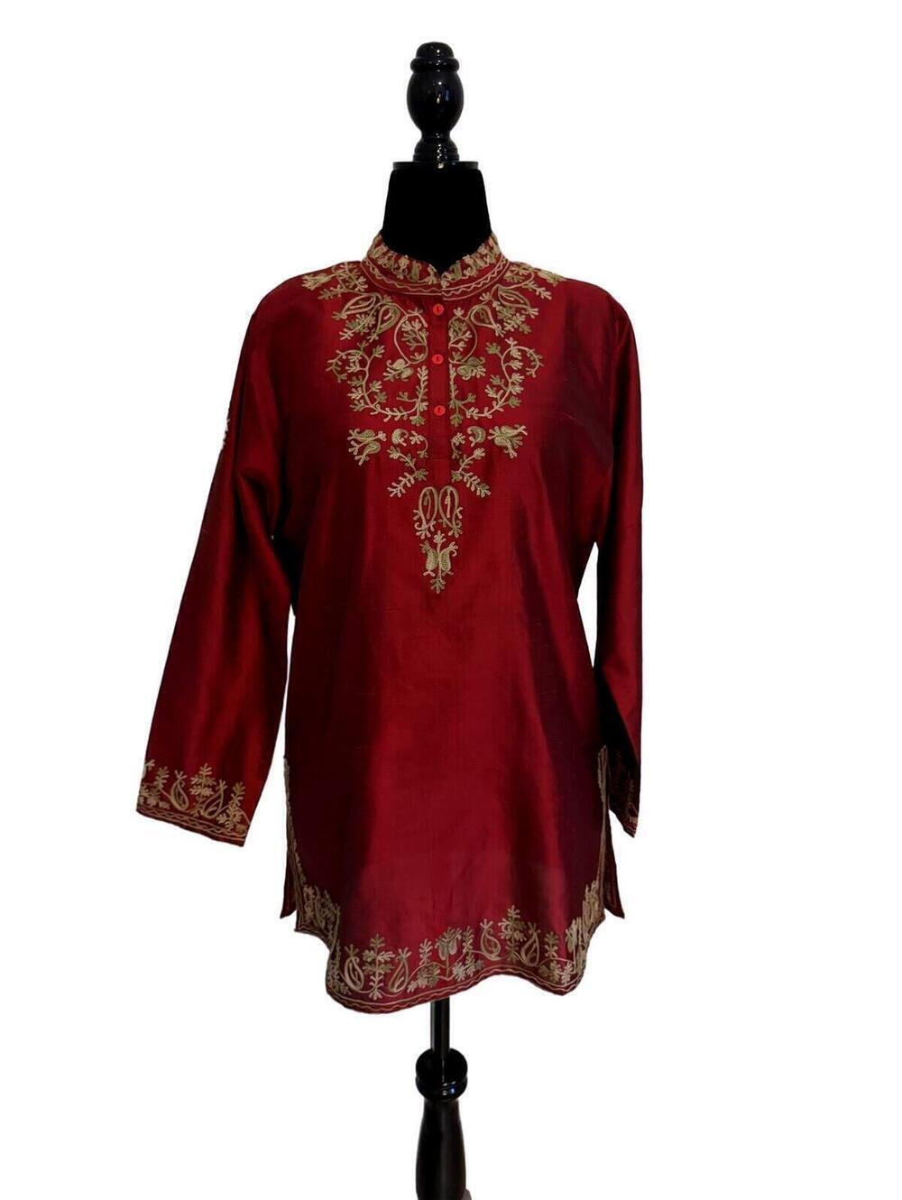 Soft Surroundings Maroon Embroidered Long Sleeve Silk Tunic Top Medium